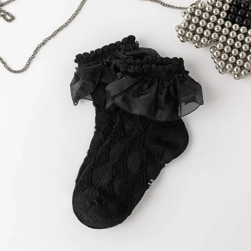 Носки с оборками для девочек, кружевные носки JK Calf для детей, милые носки принцессы с оборками белого и черного цвета для детей, одежда на весну и лето