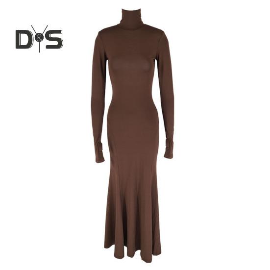 Женское вечернее платье с длинными рукавами, облегающее, однотонное, с вырезом на спине, длиной до пола, эластичное, с полувысоким воротником, вечернее платье макси для выпускного вечера