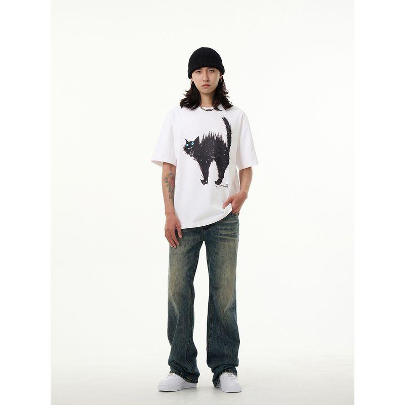Kisko American Retro Cat Print Round Neck Short-Sleeved T-Shirt Men's New Summer Loose Design Top T-Shirt