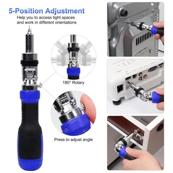 Ratchet Screwdriver with Non-Slip Handle High Strength 180-Degree Pivoting Adjustable Angle 13-in-1 Multi-functional Screwdriver