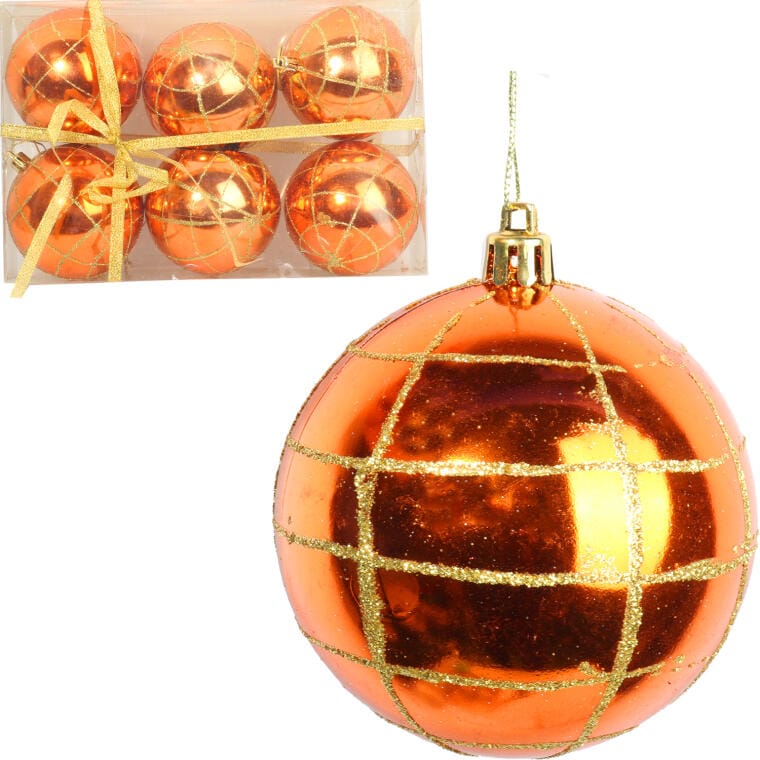 Set of 6 Orange Plastic Baubles 7 cm for Christmas Decorations