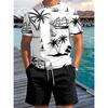 2025 Summer New Men's Short Sleeve Palm Tree Print Two Piece Drawstring Shorts Set Fashion Men's Vacation Beach Casual Suit