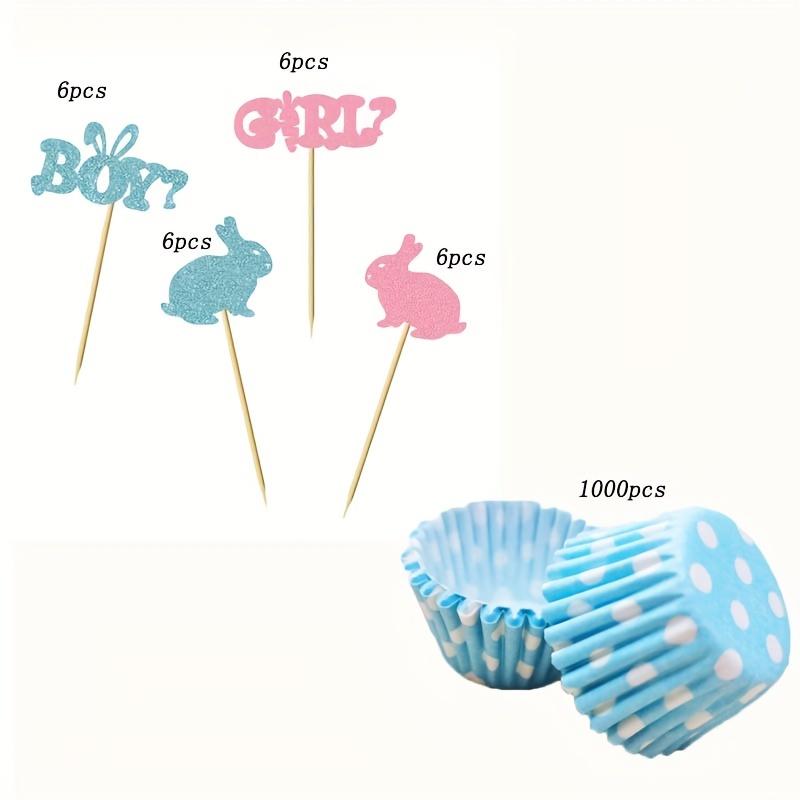 24 Cupcake Tops for Boys and Girls Blue Pink Bunny Baby Sex Reveal Party Decorations