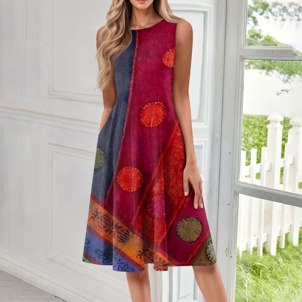 Женское повседневное и модное платье средней длины с круглым вырезом без рукавов и принтом