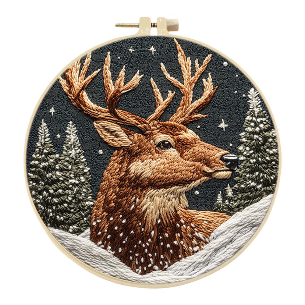 Elk In Forest Stamped Cross Stitch Embroidery Kits with Hoop Cloth Color Thread