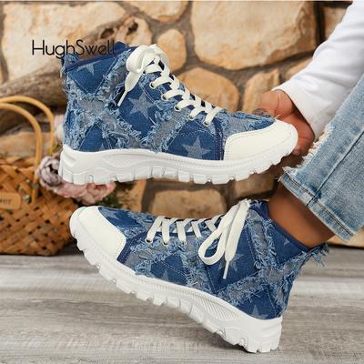 Модные кеды из денима на высокой платформе со шнуровкой и принтом в виде звезд, женские повседневные короткие ботинки с бахромой, женская модная брендовая дизайнерская парусиновая обувь