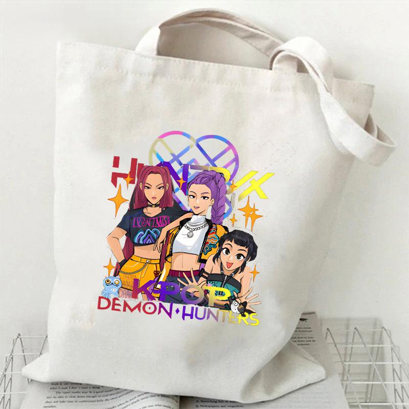 Сумка-тоут из холста с принтом KPOP Demon Hunter Girl Group HUNTRX, на плечо, студенческая
