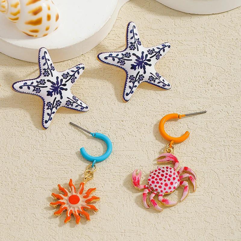 4Pcs Exaggerated Crab Sunflower Starfish Earrings for Women Fashion Summer Beach Vacation Style Unique Earring Female Jewelry