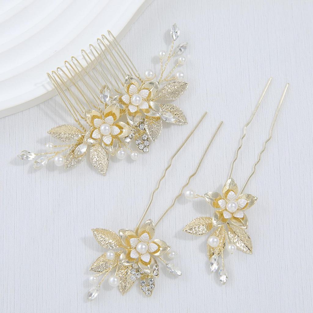 Украшение для волос Haodeliy, аксессуар для волос, гребень U-образной формы, набор из 3 предметов, заколка для волос невесты с мотивом из листьев и цветов, головной убор ручной работы, свадебный головной убор, украшение для волос