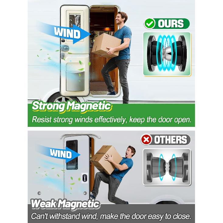 Сильный магнитный держатель двери для автодома - Защелка двери для кемпера и автодома, чтобы держать двери открытыми на ветру, Легко достать, С клеем и винтами, Прочный стопор для прицепа