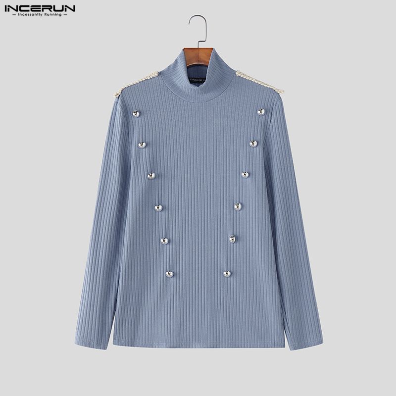 INCERUN Весенние мужские футболки с высоким воротом, длинным рукавом, декоративными пуговицами, приталенные, топы, майки