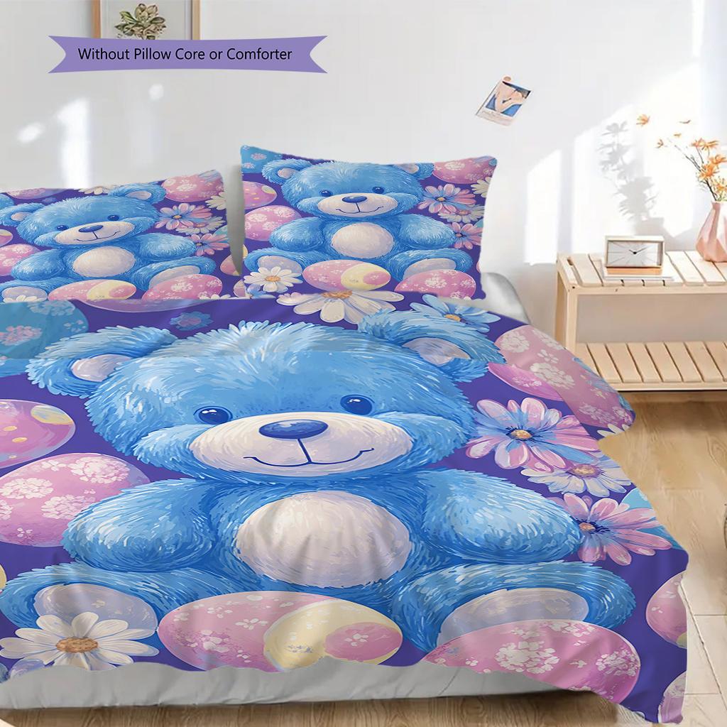 Bear Doll Pattern Bedding Quilt Set Quilt Cover Pillowcase Home Decoration Birthday Gift (1 * duvet cover + 2 * pillowcase, without core)