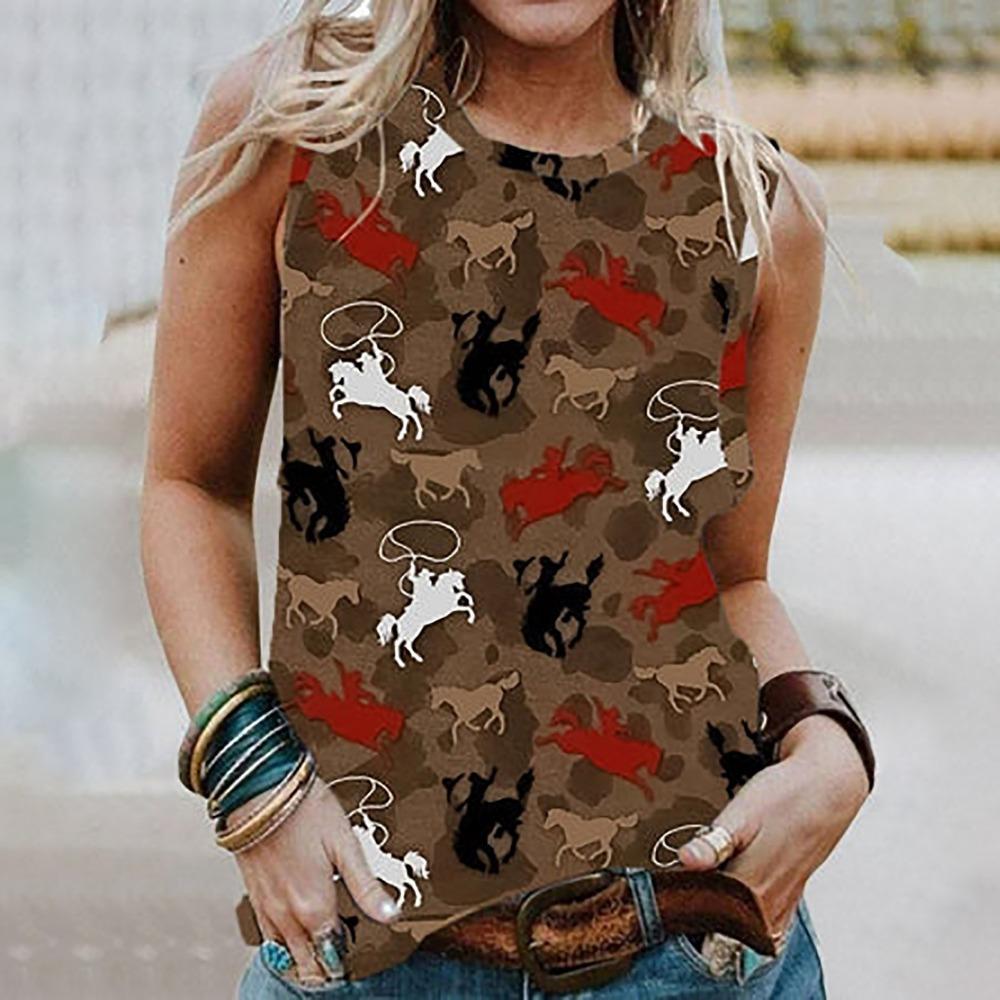 New Western Cowboy Retro Tank Tops Horse 3D Print Summer Women O-Neck Vest Off Shoulder Y2k Sleeveless Camisole Woman Clothing