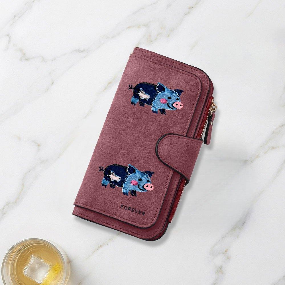 Patchwork denim cute pig doll print long wallet multifunctional portable snap button coin purse unisex perfect birthday gift for daily use travel