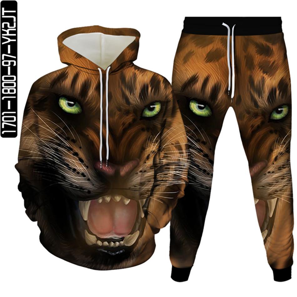 Весенне-осенний мужской спортивный костюм с 3D принтом животных и леопарда, 2 предмета, женский спортивный костюм больших размеров S-6XL, одежда с капюшоном и брюками, спортивный комплект