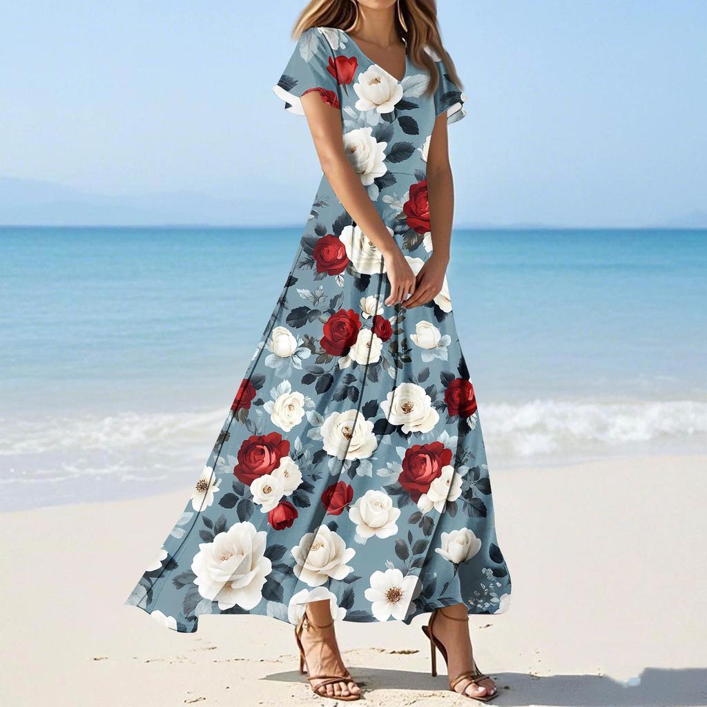Женские повседневные модные длинные платья с принтом, платья с V-образным вырезом и коротким рукавом