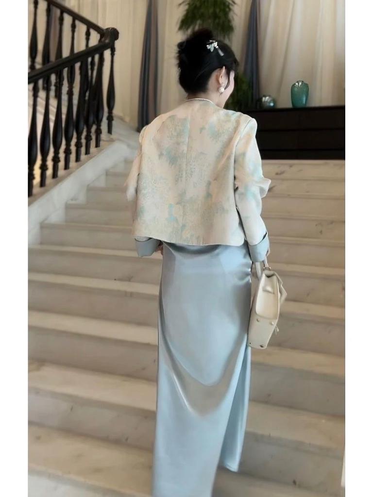 2025 Spring Women's Chinese Jacquard Frog Button Coat with Satin Midi Skirt Set