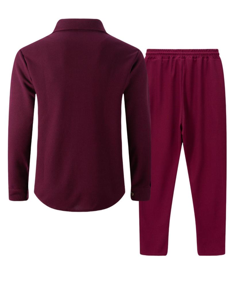 Осенний вафельный костюм-двойка: Кардиган с длинным рукавом и брюки с двойным карманом