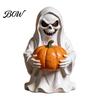 Halloween Desktop Decoration White Ghost Pumpkin Resin Statue, Spooky Holding Mini Unique Sculpture for Office Figurine Garden Yard Tabletop