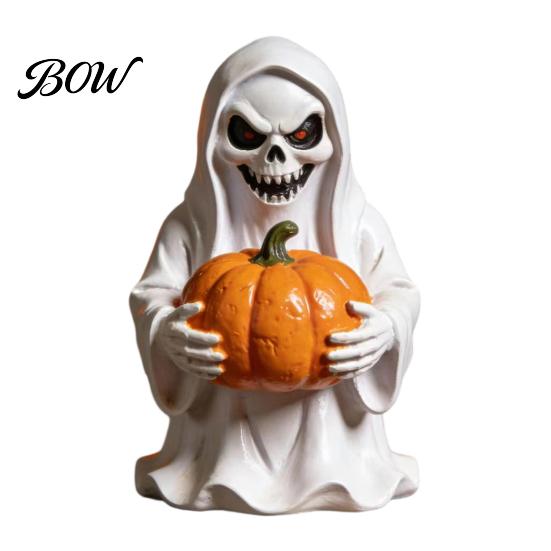 Halloween Desktop Decoration White Ghost Pumpkin Resin Statue, Spooky Holding Mini Unique Sculpture for Office Figurine Garden Yard Tabletop