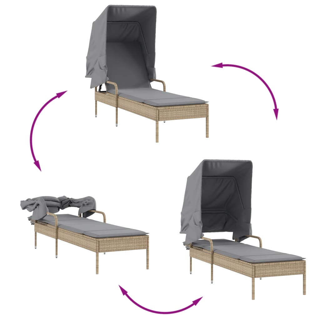 2 Piece Sun Lounger Set with Canopy and Table Beige Poly Rattan