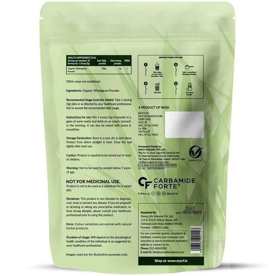 Carbamide Forte 100% Natural Organic Wheatgrass Powder | Wheat Grass Powder Organic  | Wheatgrass Juice Powder - 100g Wheatgrass Powder Organic