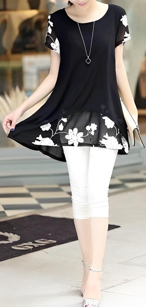 Simple Layered Floral Tunic Layered Short Sleeve Ruffle Top Tiered Cuff Sleeve Chiffon Flounce Ruffle Straight Flower Hanagara Embroidery Russell Lace