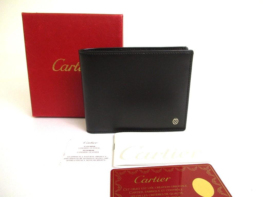Подлинный Cartier Pasha de Cartier Черная кожа Серебряная фурнитура Двухслойный кошелек для купюр #a814 Восстановленный