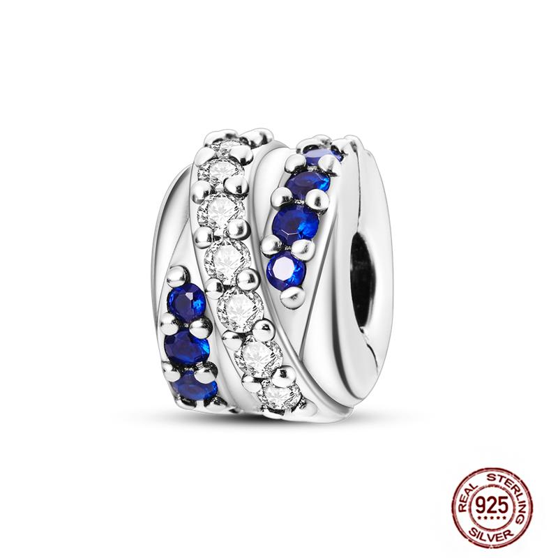 Round 925 Copper Clasp Pave Clip Charms Blue Star Moon Butterfly Slide Safety Chains Spacer Beads Fits Original Bracelet Zircon