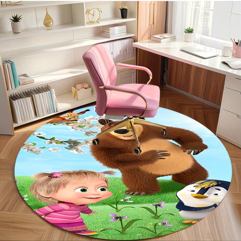 Masha and The Bear Print Round Rug, Washable Floor Carpet, For Entryway Dorm Laundry Room Office Study, Home Decor Birthday Christmas Gift