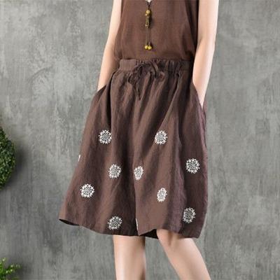 Летние хлопковые льняные брюки с винтажным принтом, женские свободные повседневные универсальные модные шорты со шнуровкой и широкими штанинами для женщин