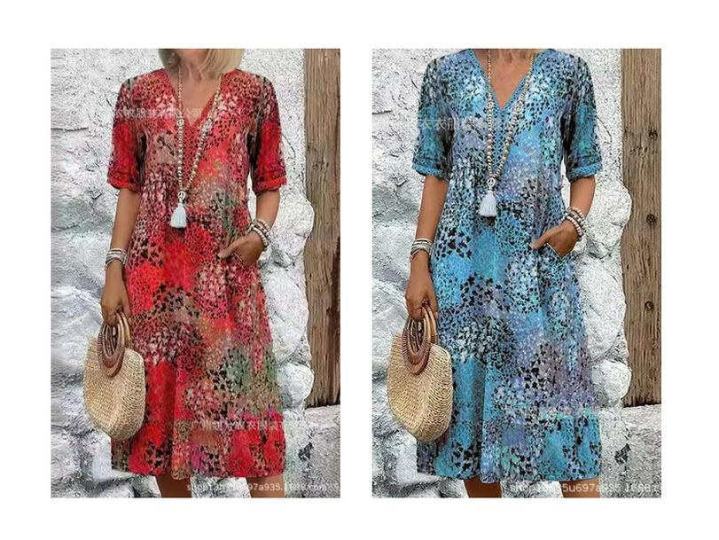 Women's V-neck Casual Summer Pocket Dress - New Print
