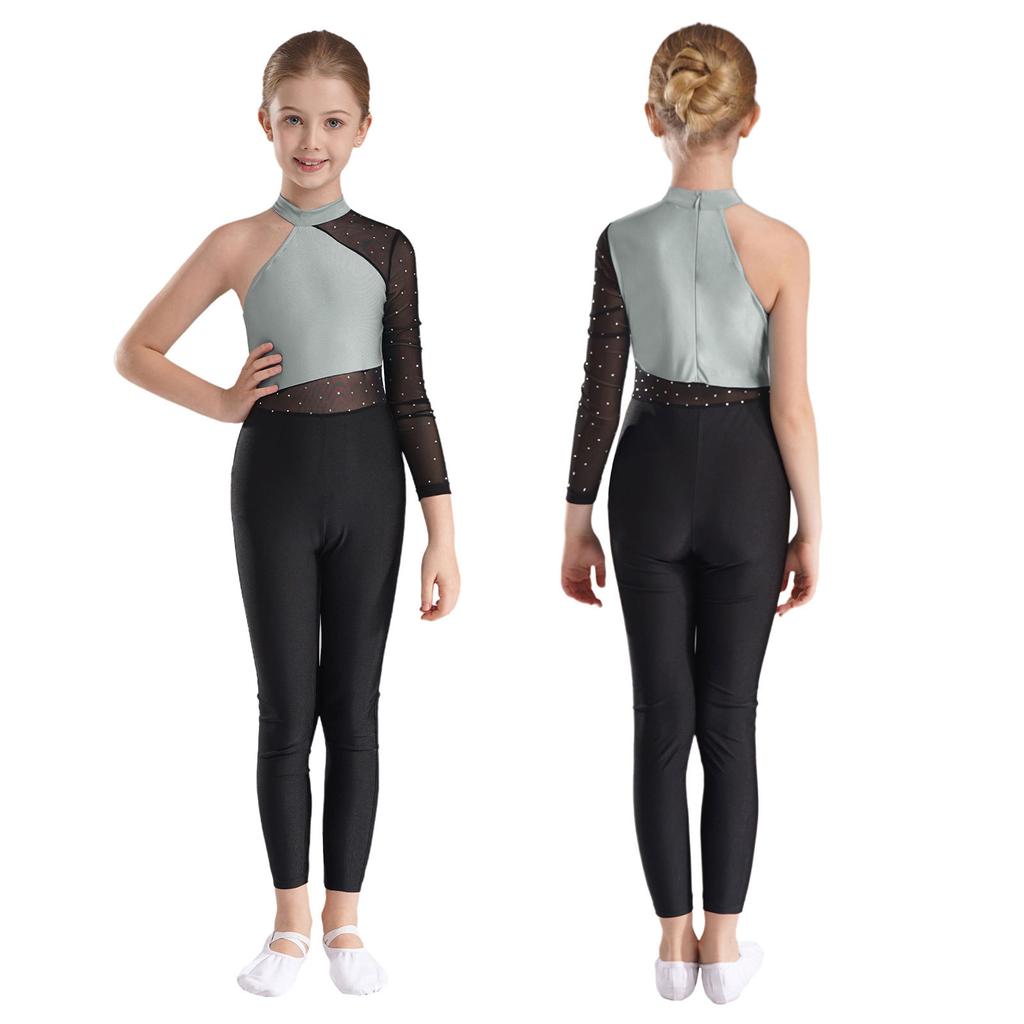 Girls One Mesh Sleeve Full Body Cover Jumpsuits Gymnastics Ballet Modern Dance Uniform Unitard Ice Skating Competition Costume