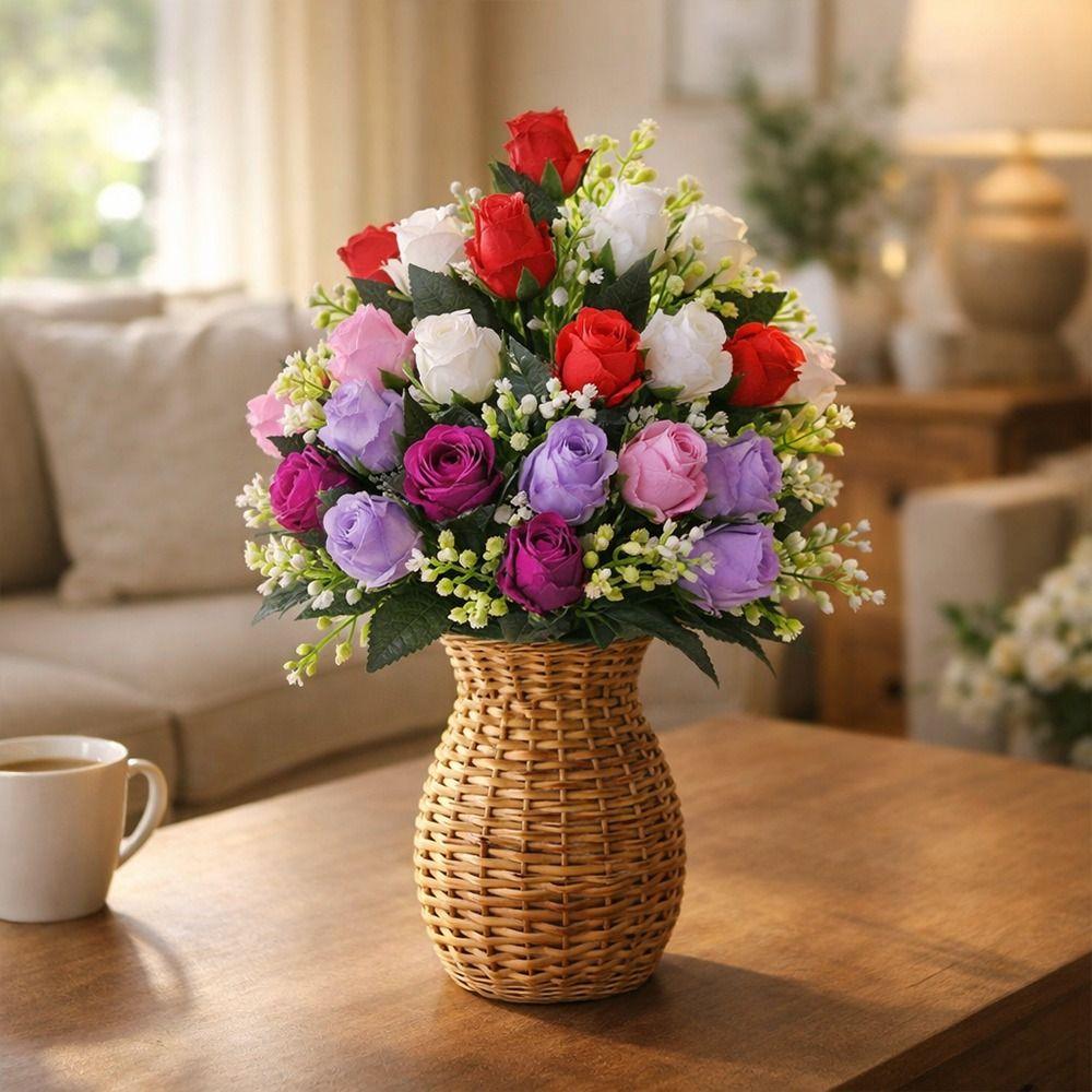 12 Heads Artificial Rose Bouquet Two Colors Wedding Decorations Silk Roses Plastic Rose Flowers