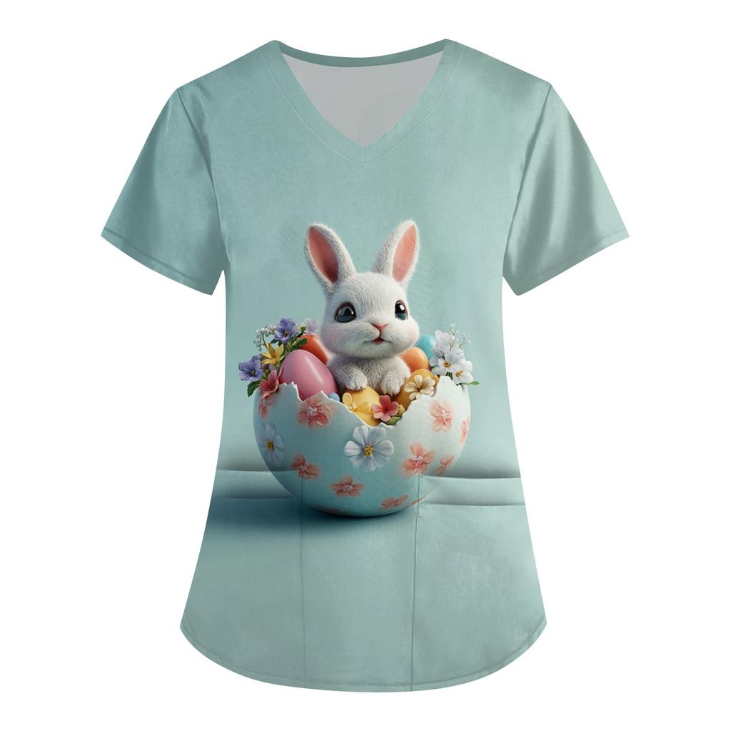 Женская мода V-образный вырез короткий рукав комбинезон с карманами пасхальный принт топы одежда