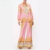 Women's New Casual Holiday Long Sleeve Pink Printed Shirt Pants Two Piece Suit