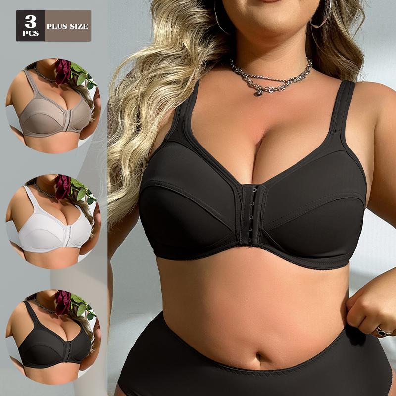 3 шт. Женские однотонные бюстгальтеры больших размеров с открытой передней частью, беспроводные, регулируемые сзади, нижнее белье для спорта и отдыха 0Xl-5Xl