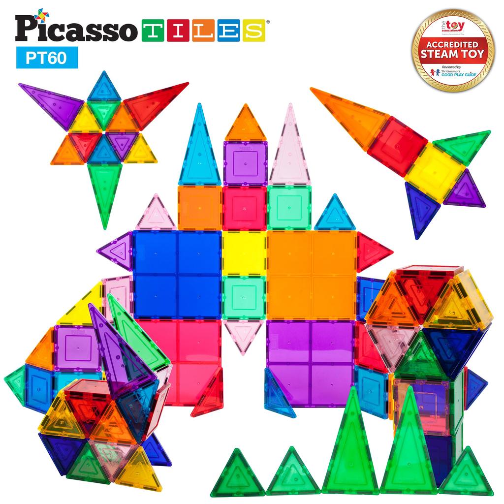 PicassoTiles Набор из 60 магнитных строительных плиток, прозрачные магнитные 3D строительные блоки для игровых досок - Невероятная креативность,