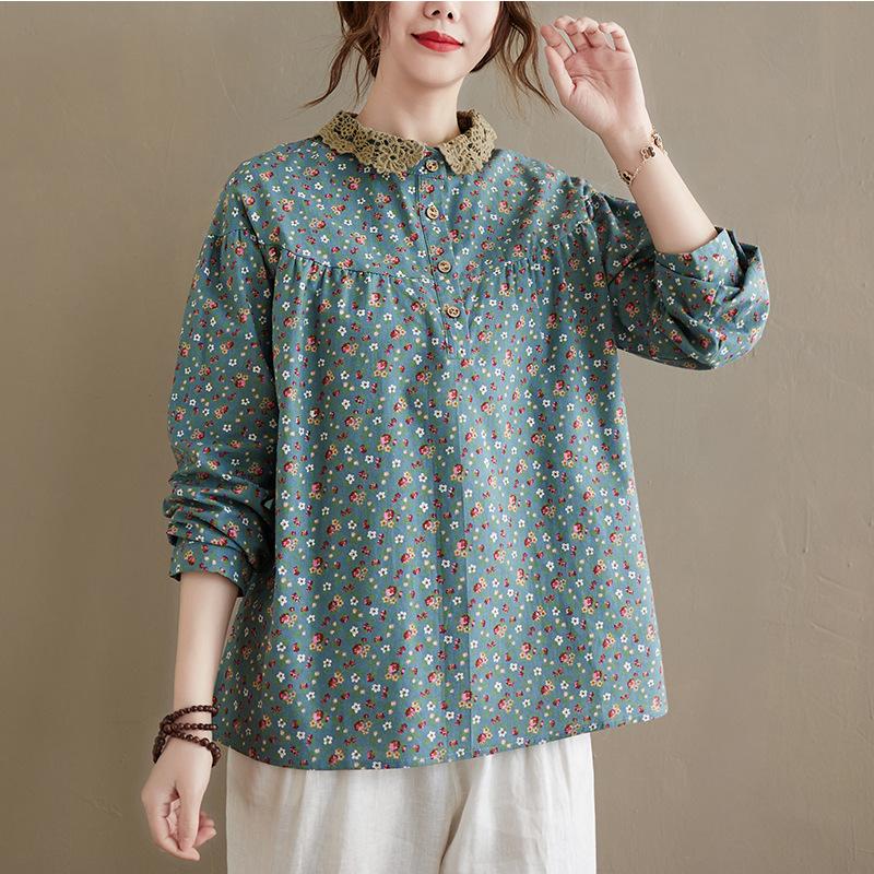 Осенняя свободная рубашка из хлопка и льна с цветочным принтом в стиле ретро с длинными рукавами для женщин Блузки и рубашки