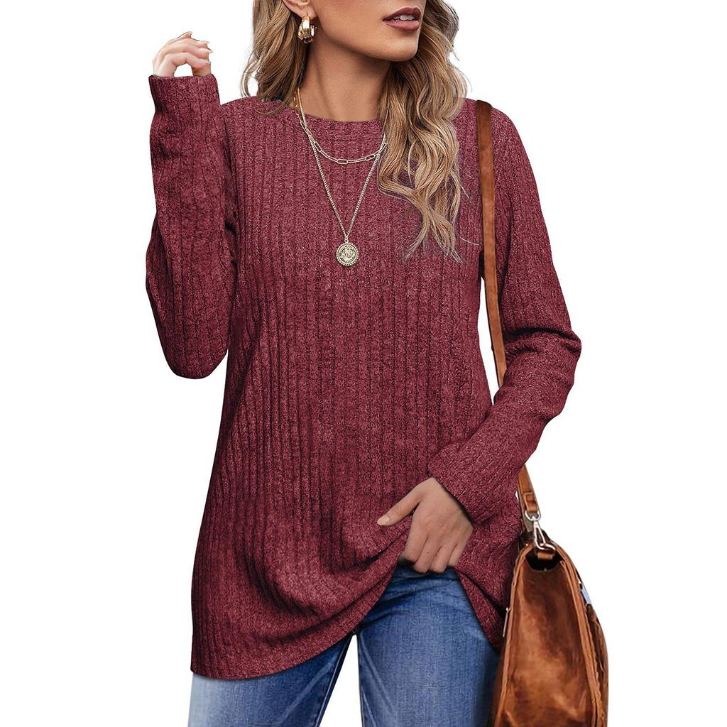 Womens Long Sleeve Tops Plus Size Crew Neck Jumpers Solid Color Pullover T-Shirt Tunic Shirt