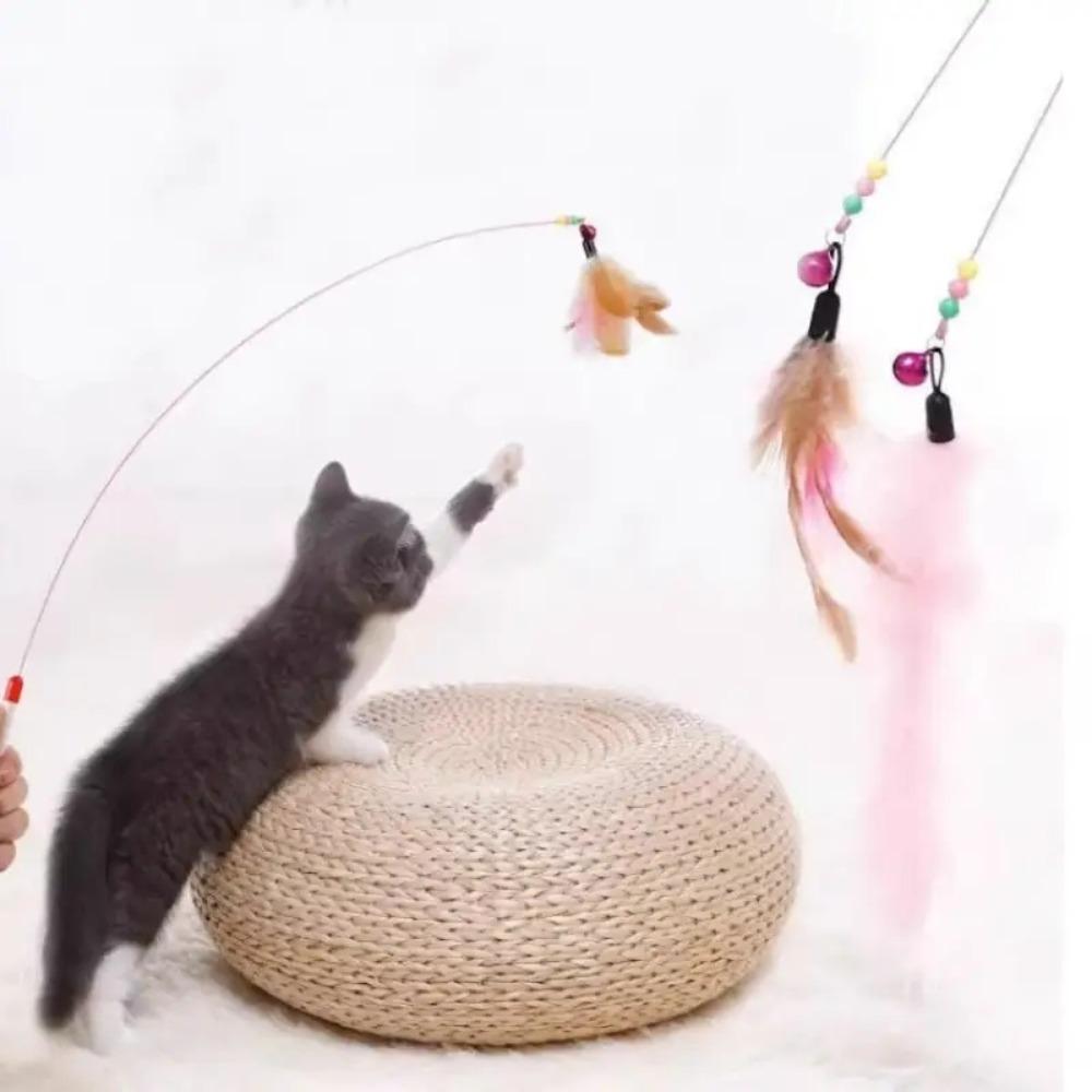 Interactive Cat Wand Toy with Feather-Style Tassel & Bell on Flexible Elastic Rod