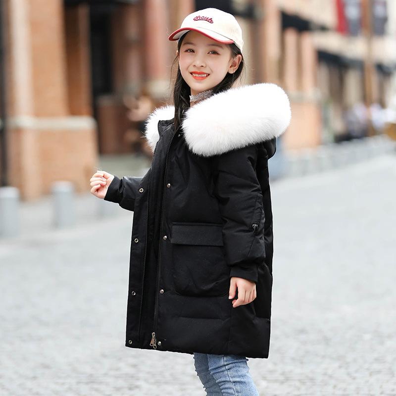 Новый пуховик для девочек, зимняя длинная корейская версия, толстый пуховик среднего размера для девочек, однотонный пуховик для девочек