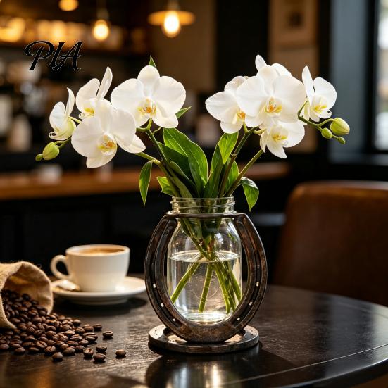 Modern Unique Flower Holder Horseshoe Shaped Vase, Rustic Metal Frame with Shape Vase for Home Clear Glass Jar, Western Farmhouse Desktop Floral