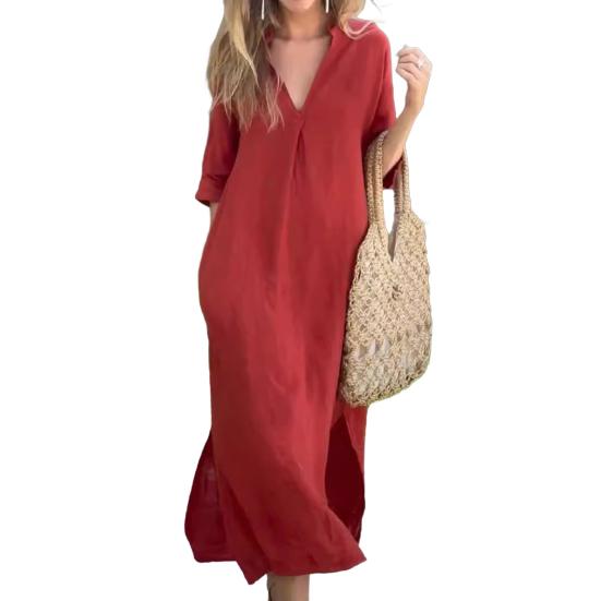 Летнее платье с рукавами три четверти, разрезами по бокам, свободным V-образным вырезом, платье миди