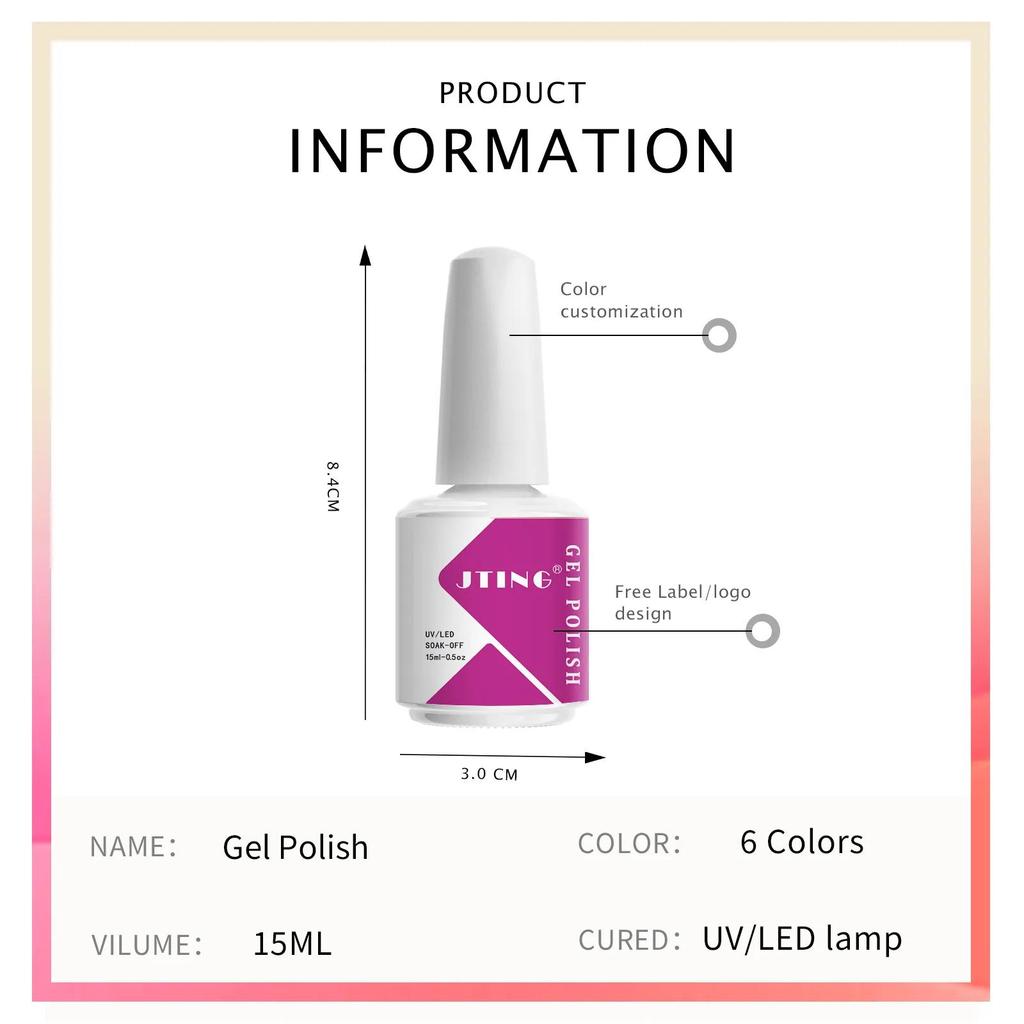 JTING Фабричный поставщик материалов для ногтей Набор гель-лаков для ногтей 6 цветов OEM Частная марка 15 мл УФ-гель-лак Индивидуальный логотип бренда