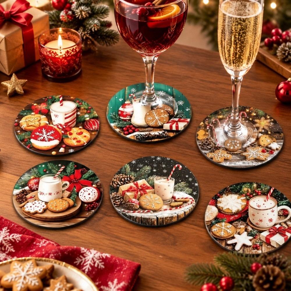 6pcs Wooden Santa Claus Coaster Snowman Coffee Cup Mat Christmas Drink Coaster Seasonal Decor