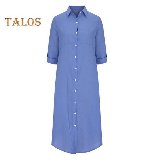 Летнее женское платье, однобортное, с коротким рукавом, с отложным воротником, свободное однотонное платье с пуговицами, повседневное платье-миди