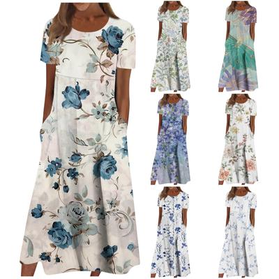 Жен. Повседневные платья Платья с принтами Летние платья С принтами Плиссированные платья-миди с круглым вырезом Классический Классический На открытом воздухе Повседневные С короткими рукавами Свободные платья