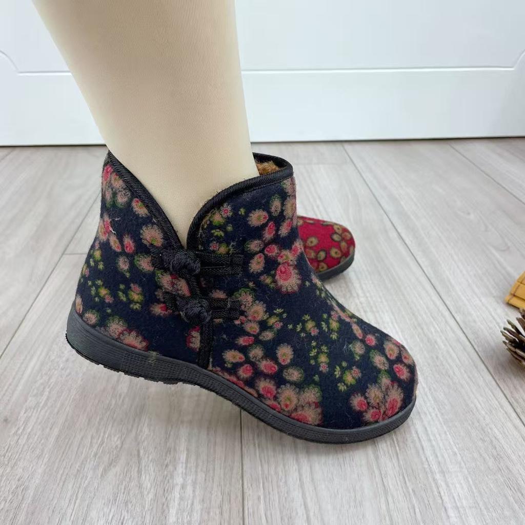 Cotton Boots Winter Soft-soled Cotton Shoes Women's Comfortable Velvet Warm Ethnic Style Mother Cotton Shoes the Elderly Grandma Cotton Boots