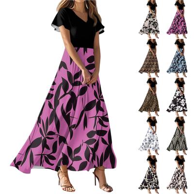 Женское летнее повседневное модное платье с цветочным принтом и V-образным вырезом с коротким рукавом